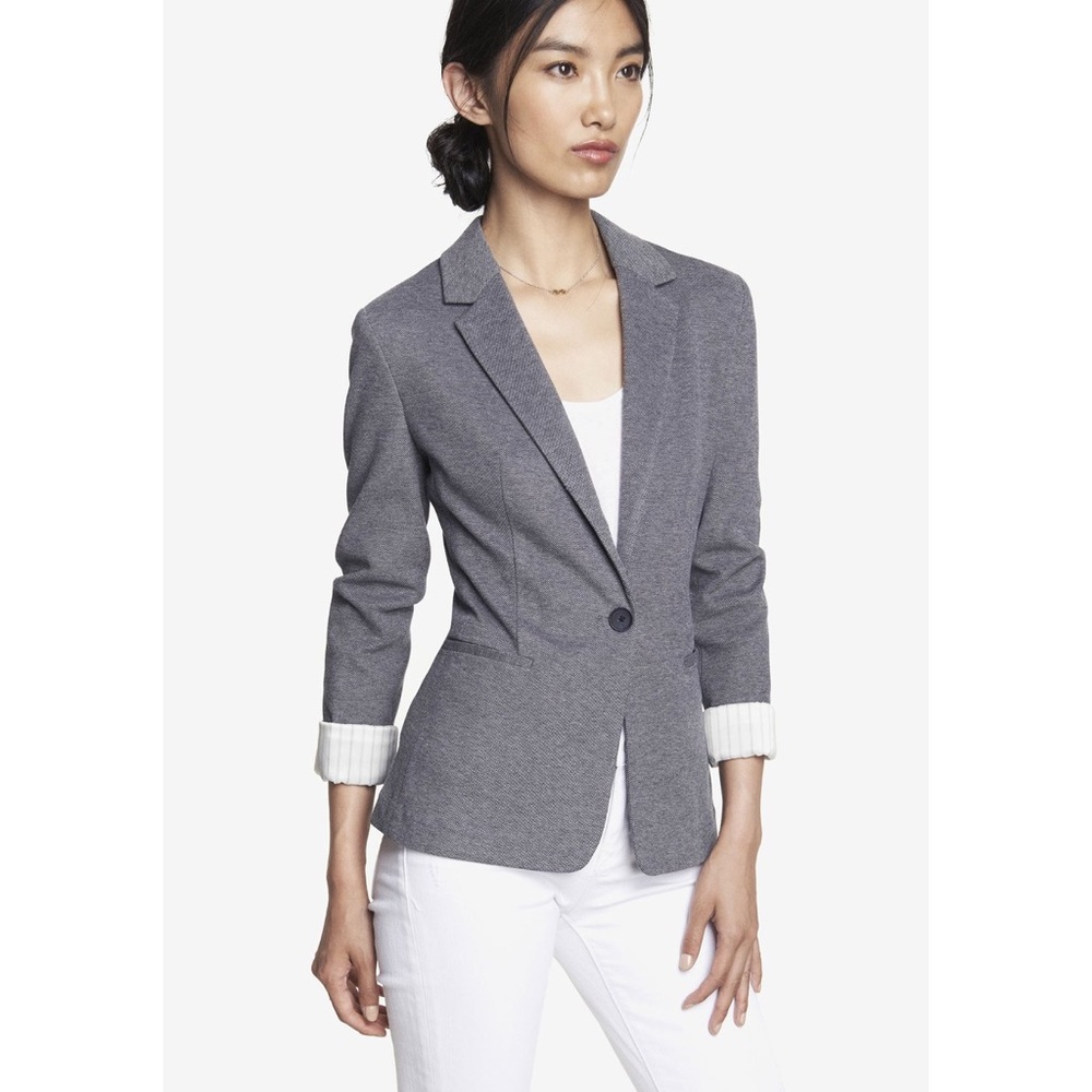 Express grey knit classic blazer with white striped lining at the sleeves